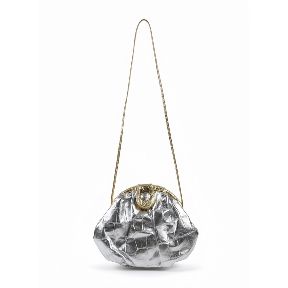 Vtg Metallic Silver Embossed Leather Mini Cloud Purse Bag Crystal 1980s Retro